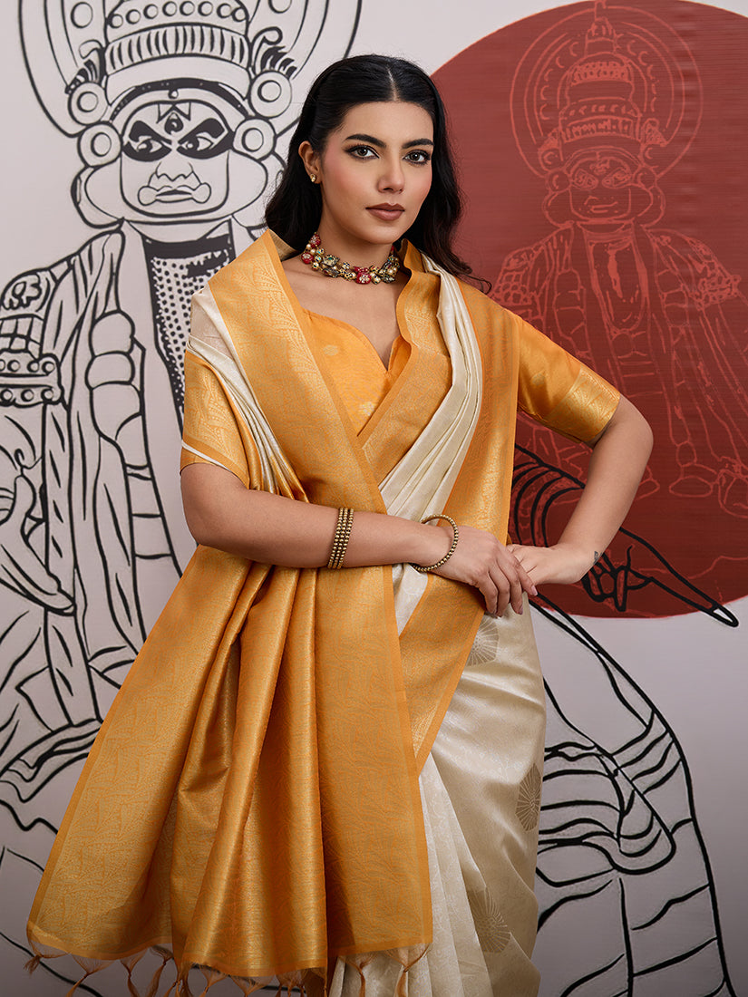 Cream and Orange Handloom Weaving Silk Blend Saree - Monjolika Fashion