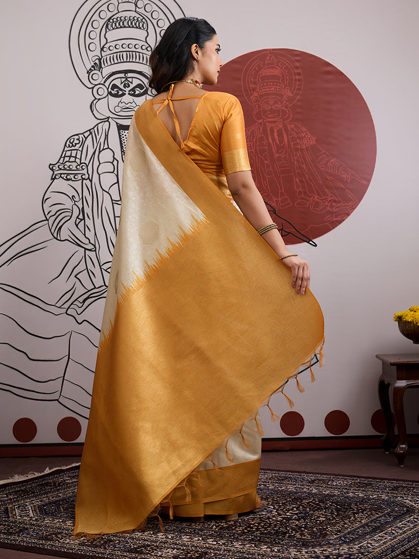 Cream and Orange Handloom Weaving Silk Blend Saree - Monjolika Fashion
