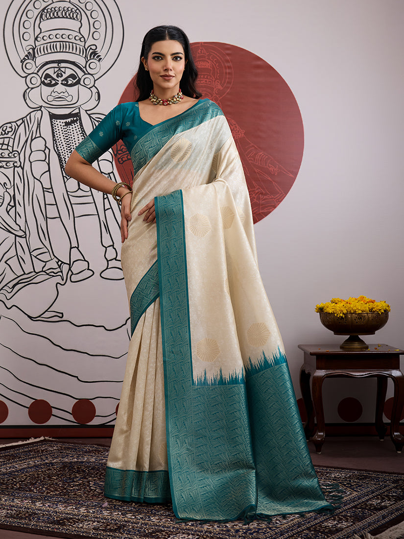 Cream and Teal Handloom Weaving Silk Blend Saree - Monjolika Fashion