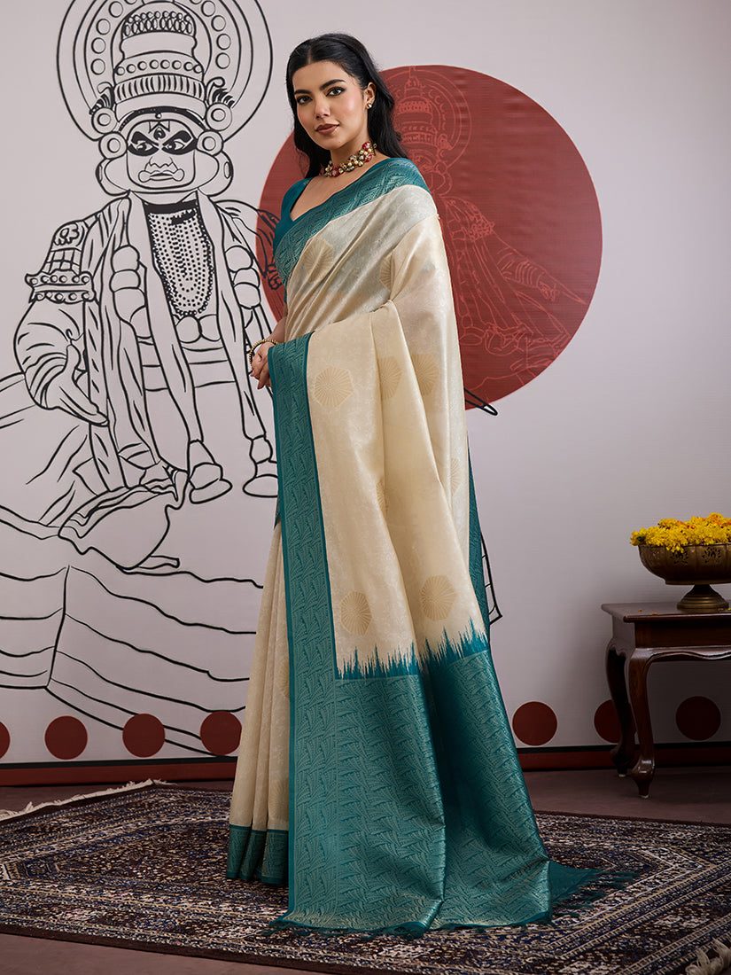 Cream and Teal Handloom Weaving Silk Blend Saree - Monjolika Fashion