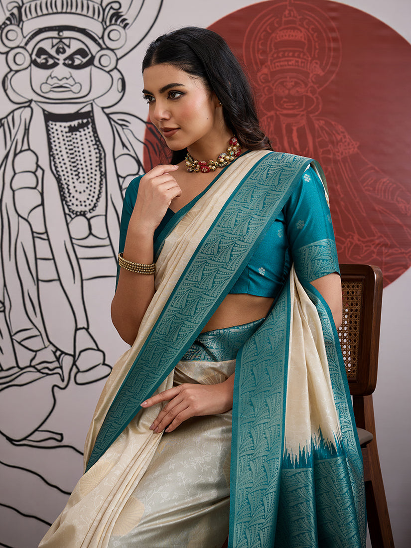 Cream and Teal Handloom Weaving Silk Blend Saree - Monjolika Fashion