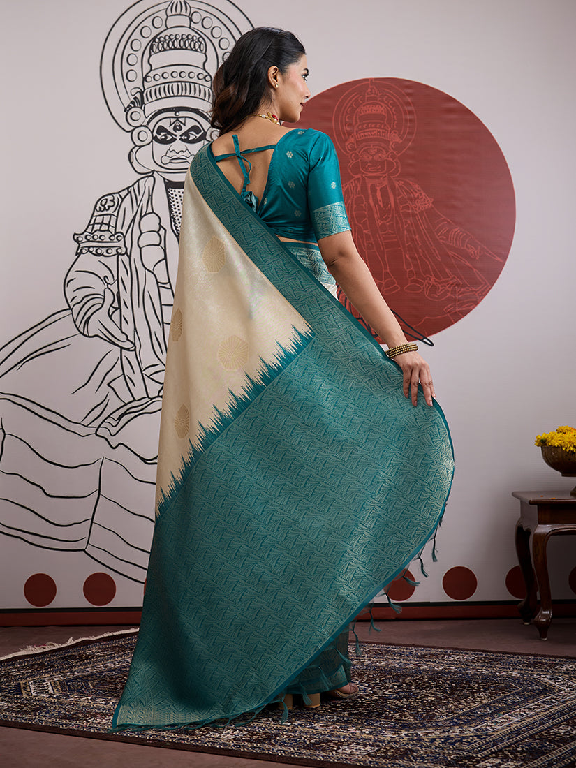 Cream and Teal Handloom Weaving Silk Blend Saree - Monjolika Fashion