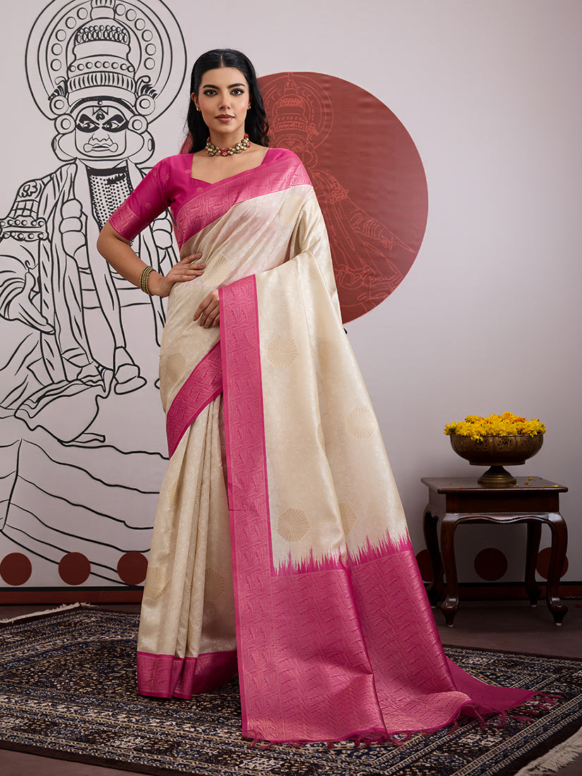 Cream and Rani Pink Handloom Weaving Silk Blend Saree - Monjolika Fashion