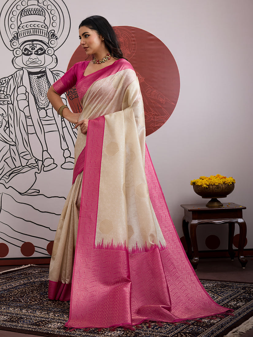 Cream and Rani Pink Handloom Weaving Silk Blend Saree - Monjolika Fashion