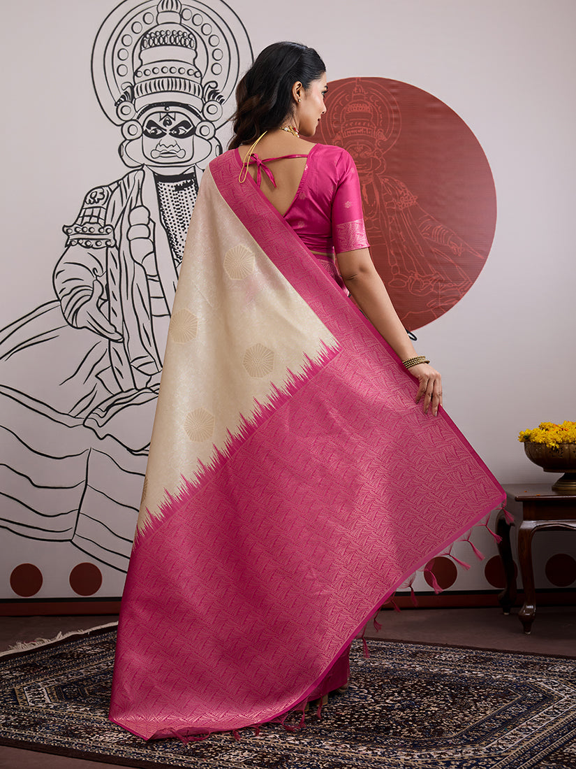 Cream and Rani Pink Handloom Weaving Silk Blend Saree - Monjolika Fashion
