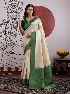 Cream and Green Handloom Weaving Silk Blend Saree