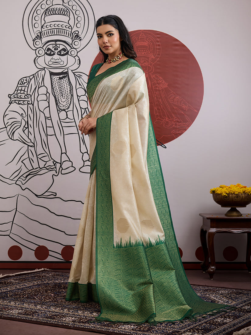 Cream and Green Handloom Weaving Silk Blend Saree - Monjolika Fashion