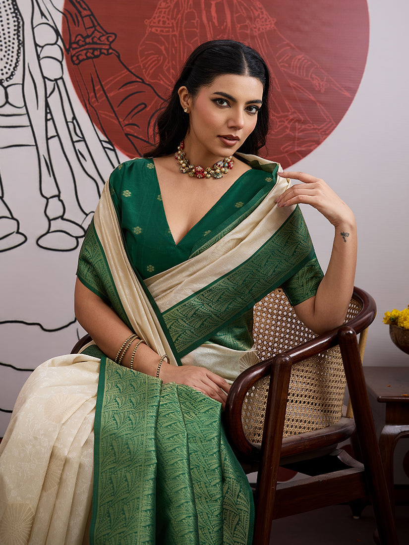 Cream and Green Handloom Weaving Silk Blend Saree - Monjolika Fashion