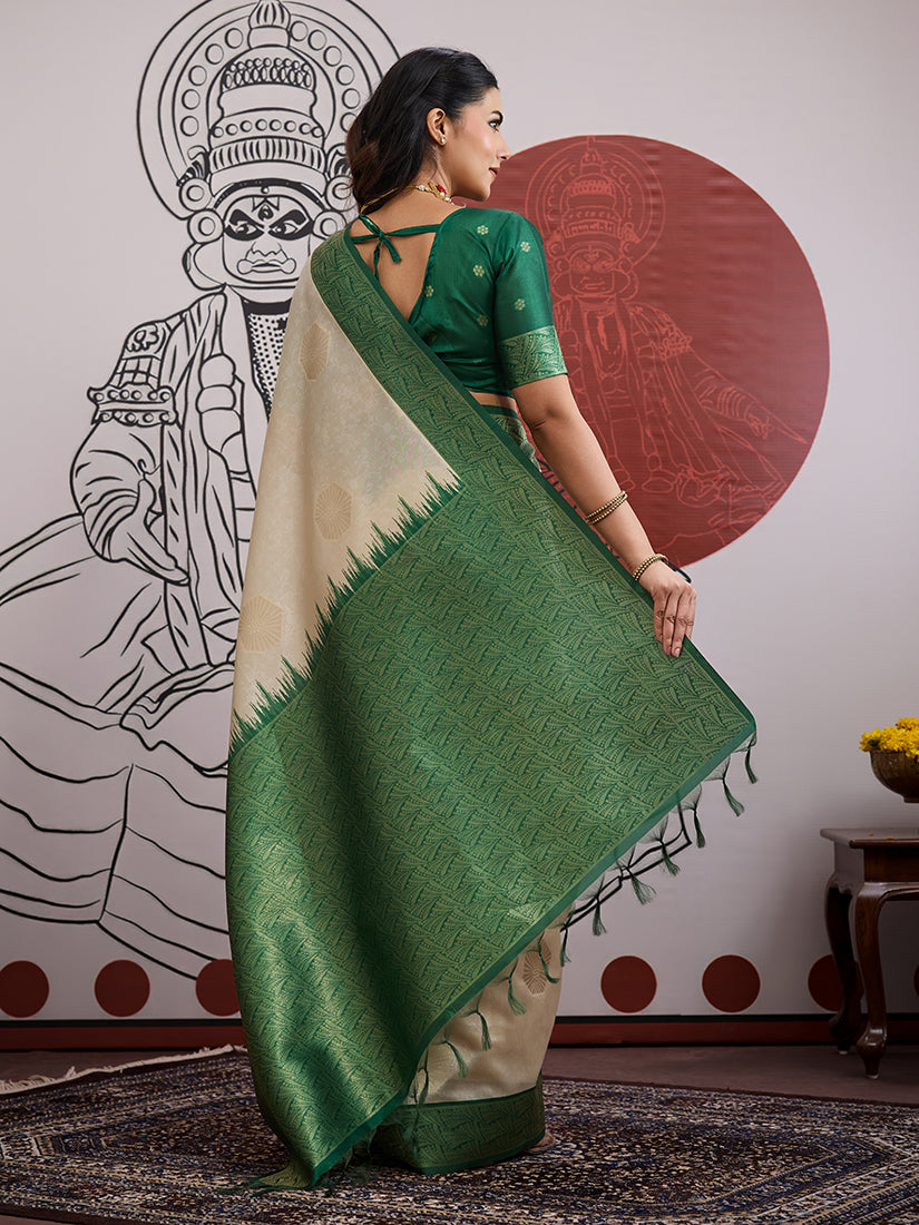Cream and Green Handloom Weaving Silk Blend Saree - Monjolika Fashion