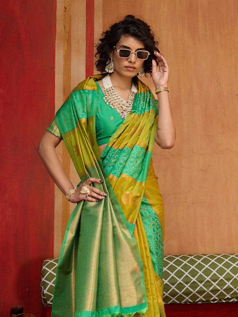 Pear & Sea Green Handloom Silk Blend Weaving Work Saree - Monjolika Fashion