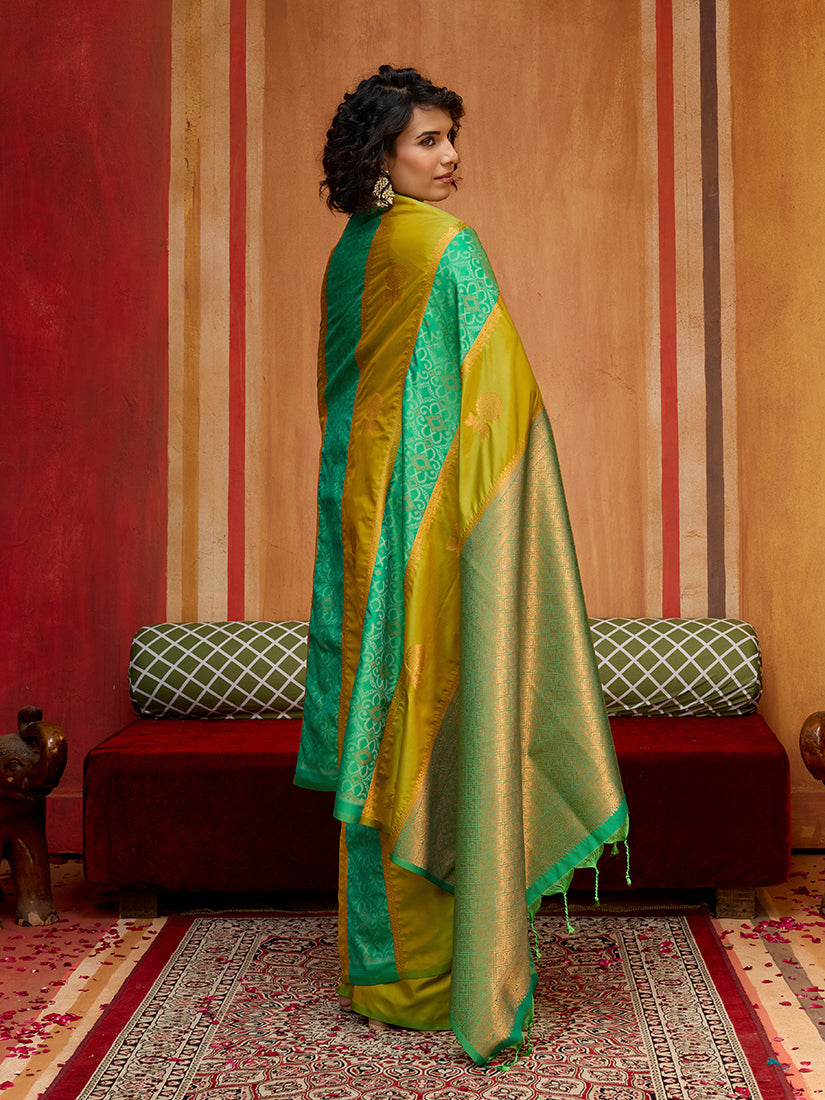 Pear & Sea Green Handloom Silk Blend Weaving Work Saree - Monjolika Fashion
