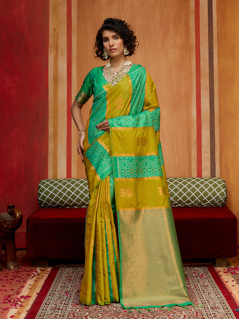 Pear & Sea Green Handloom Silk Blend Weaving Work Saree - Monjolika Fashion