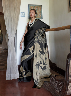 Satin Printed Black Casual Saree