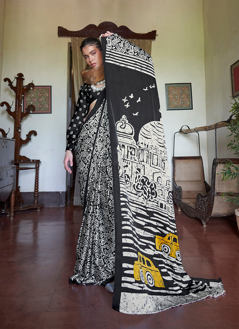 Satin Printed Black & White Casual Saree - Monjolika Fashion