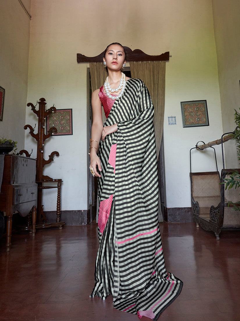 Satin Printed Black Striped Casual Saree - Monjolika Fashion