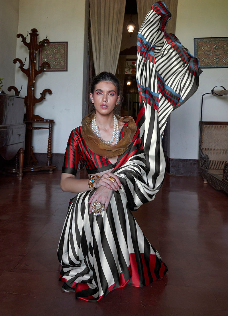 Satin Printed Black & Red Casual Saree - Monjolika Fashion