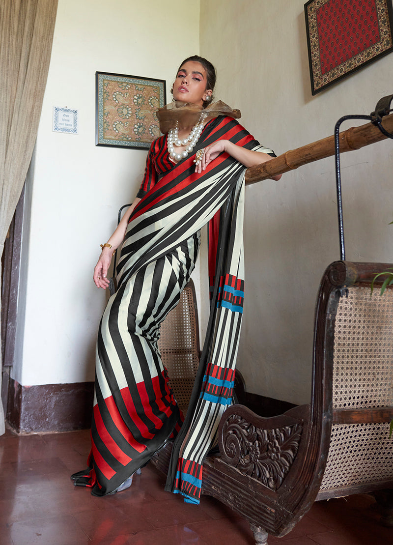 Satin Printed Black & Red Casual Saree - Monjolika Fashion