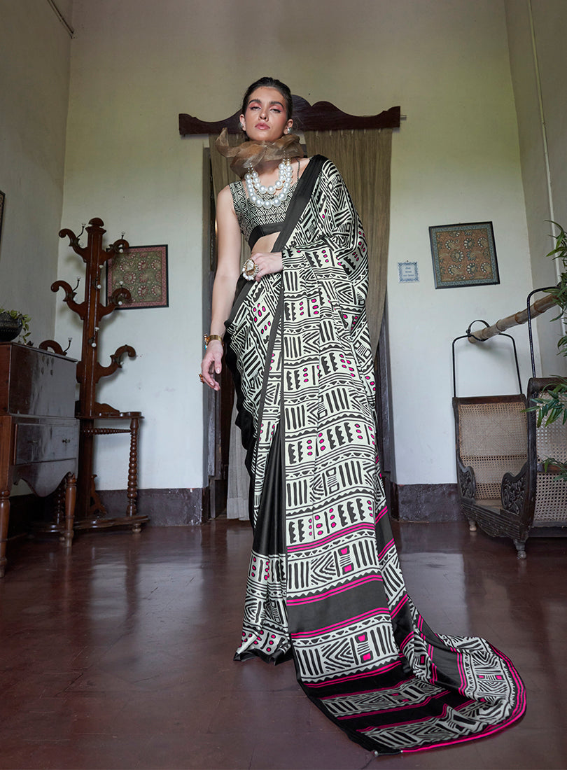 Satin Printed White & Black Casual Saree - Monjolika Fashion