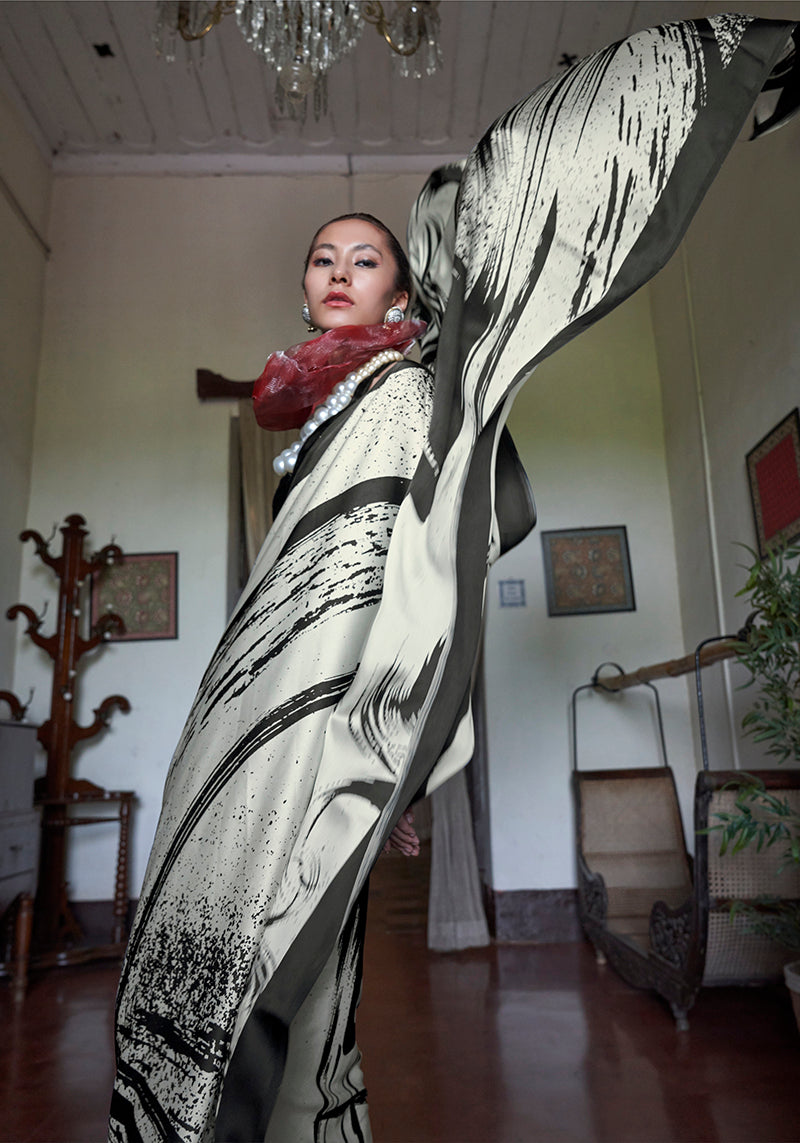 Satin Printed Black and White Casual Saree - Monjolika Fashion