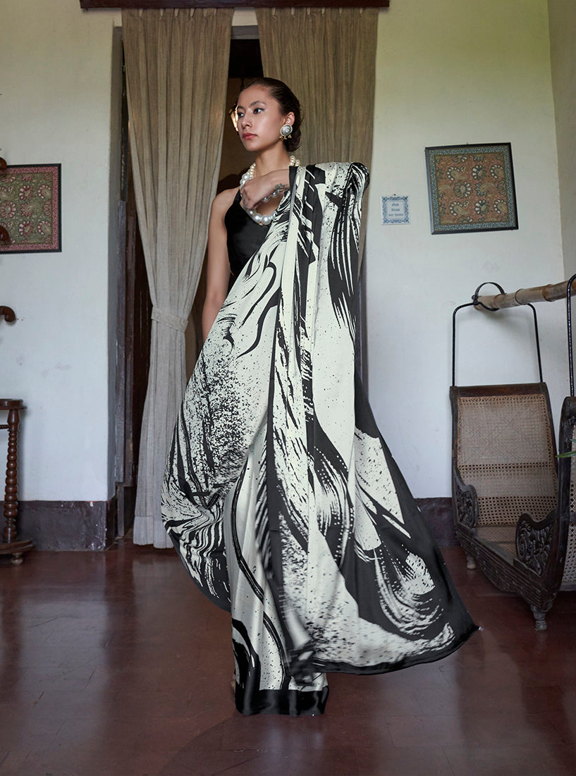 Satin Printed Black and White Casual Saree - Monjolika Fashion