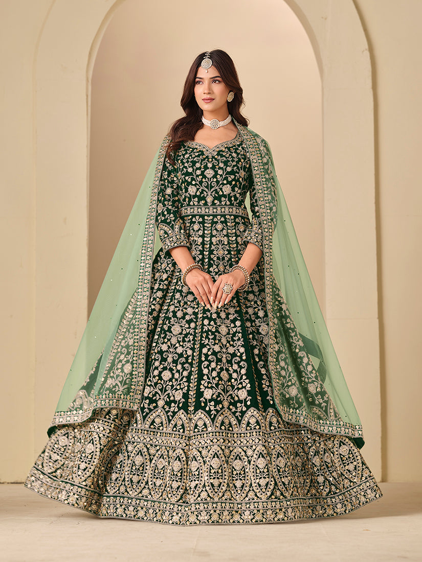 Velvet Embroidered Dark Green Anarkali Suit - Monjolika Fashion