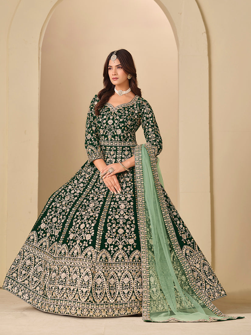 Velvet Embroidered Dark Green Anarkali Suit - Monjolika Fashion