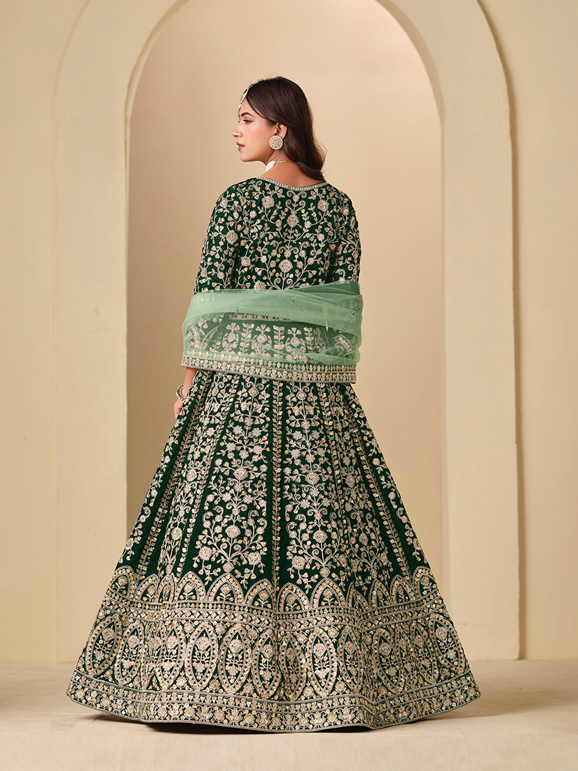 Velvet Embroidered Dark Green Anarkali Suit - Monjolika Fashion