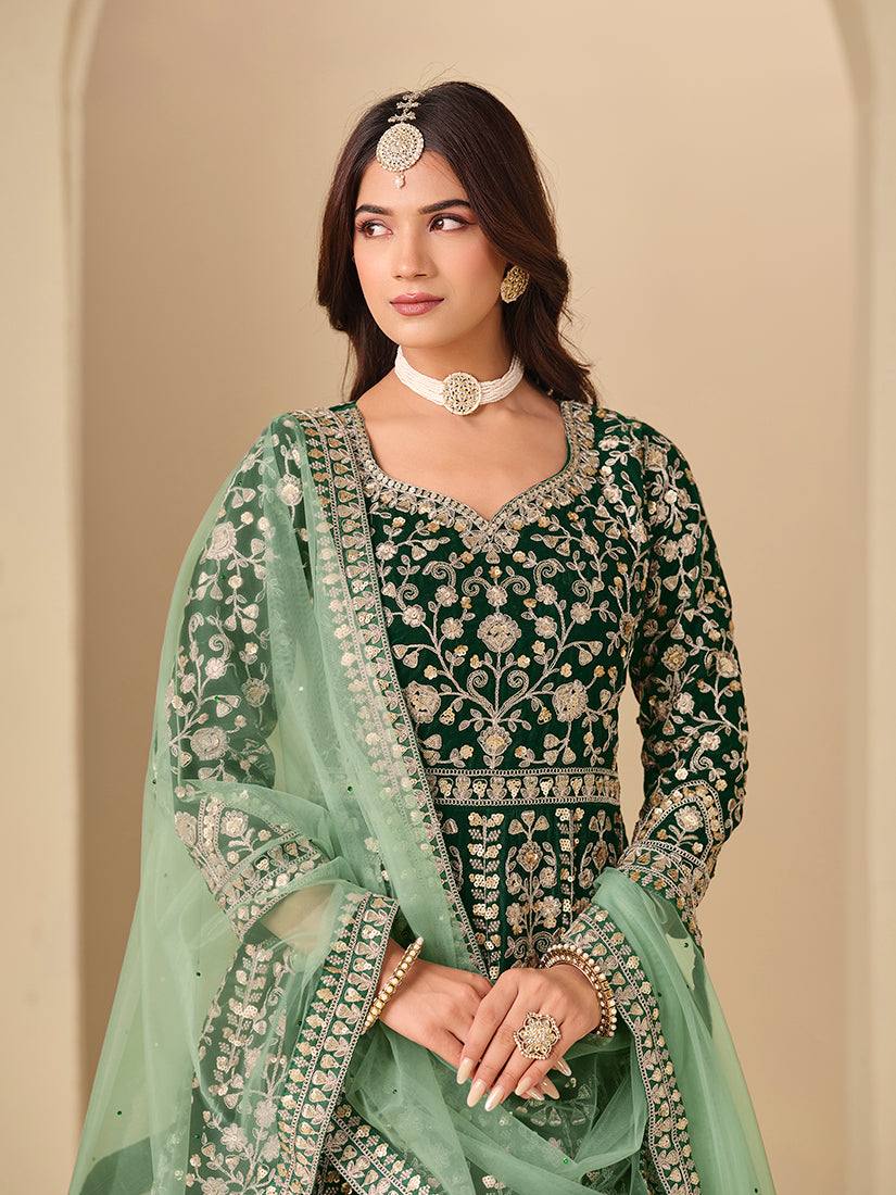 Velvet Embroidered Dark Green Anarkali Suit - Monjolika Fashion