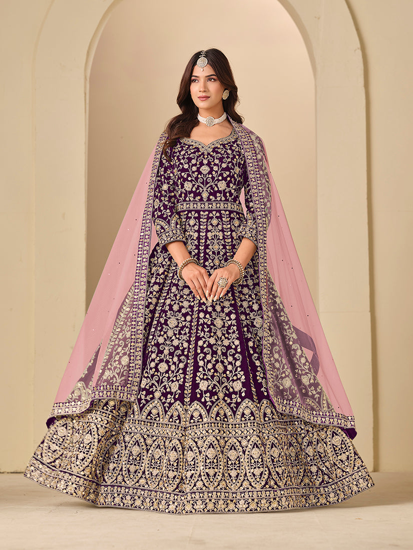 Velvet Embroidered Purple Anarkali Suit - Monjolika Fashion