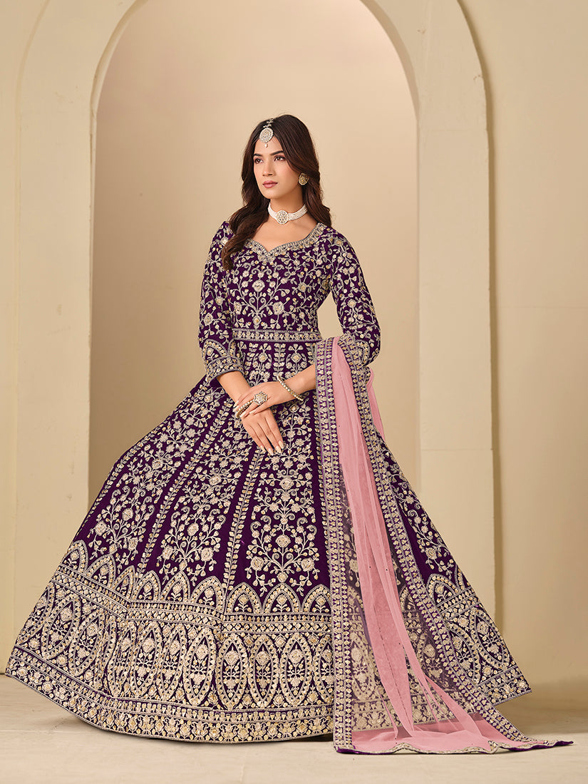 Velvet Embroidered Purple Anarkali Suit - Monjolika Fashion