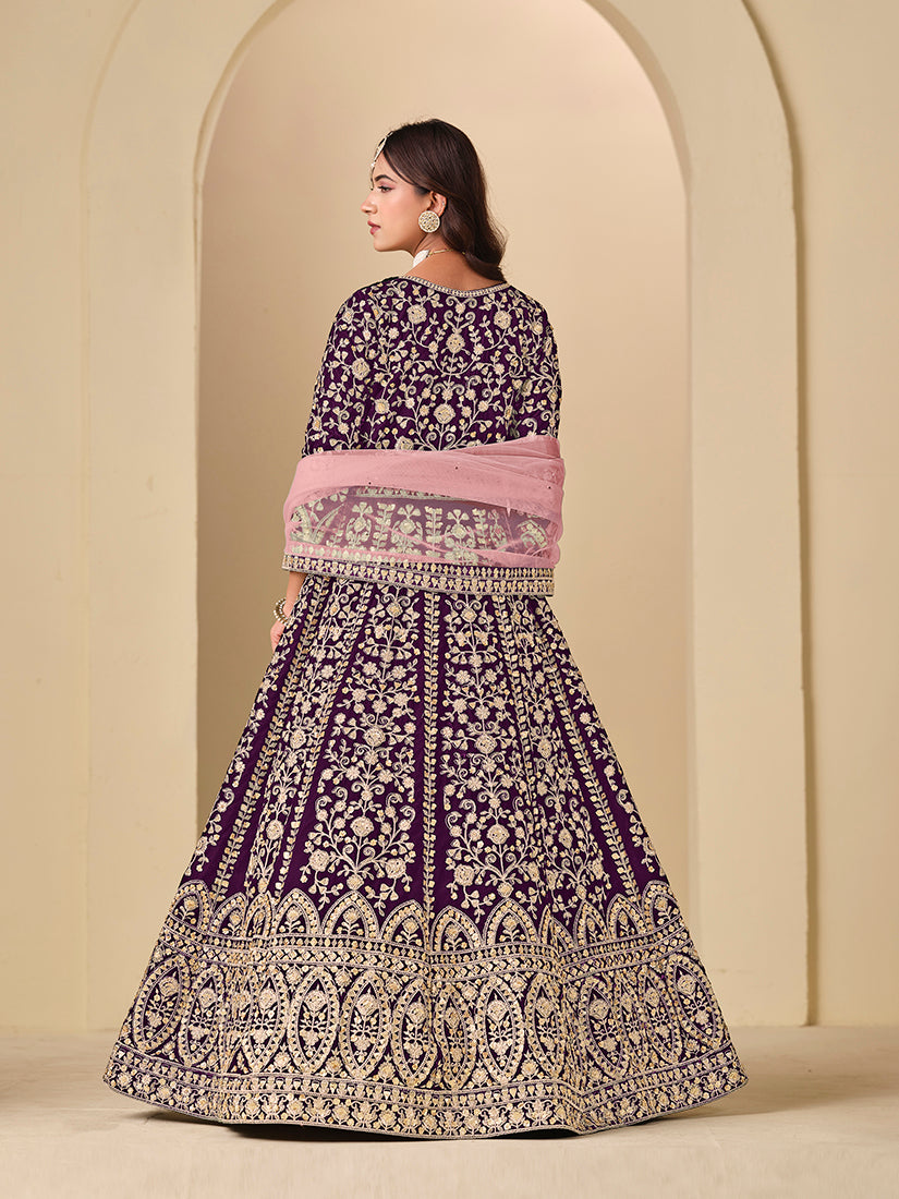 Velvet Embroidered Purple Anarkali Suit - Monjolika Fashion