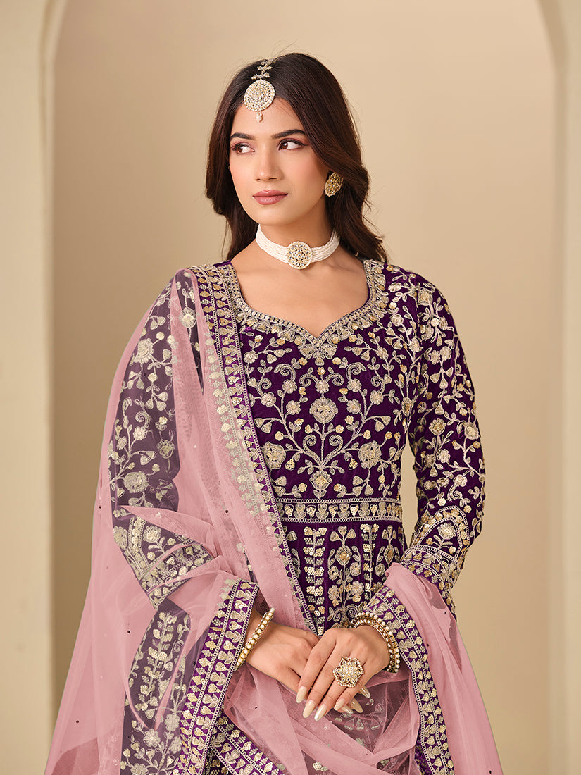 Velvet Embroidered Purple Anarkali Suit - Monjolika Fashion