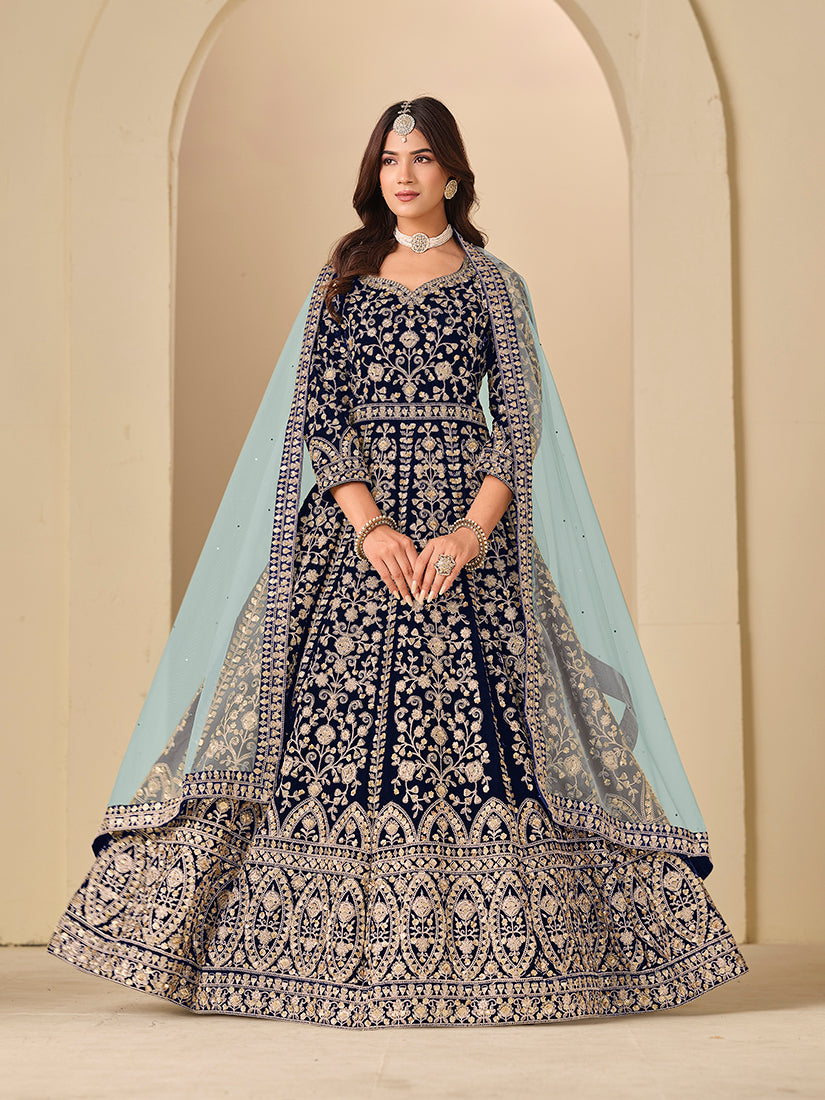 Velvet Embroidered Navy Blue Anarkali Suit - Monjolika Fashion