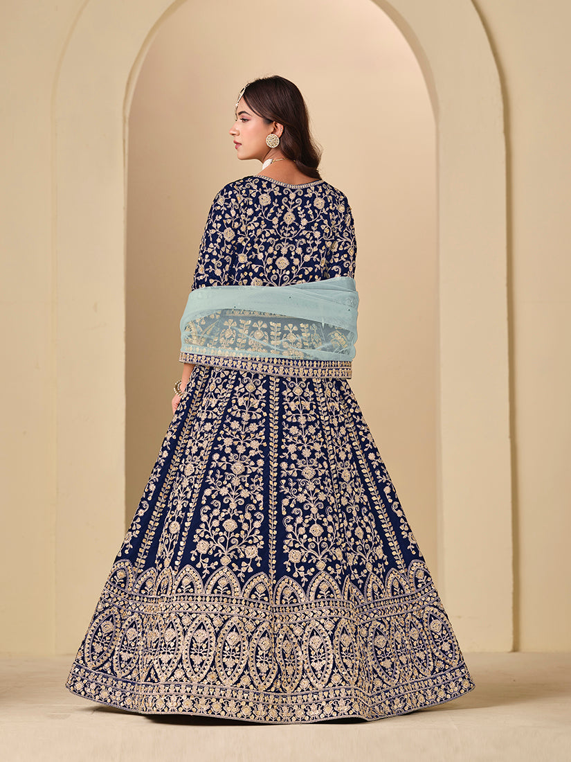Velvet Embroidered Navy Blue Anarkali Suit - Monjolika Fashion