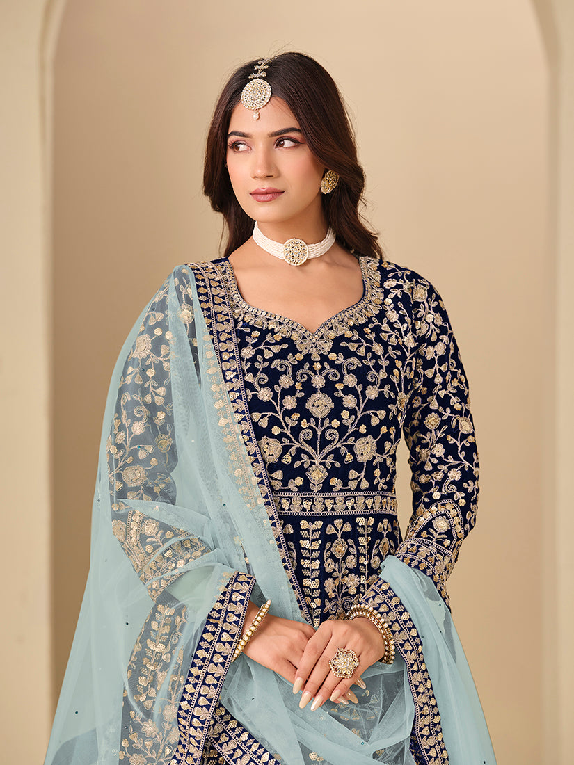 Velvet Embroidered Navy Blue Anarkali Suit - Monjolika Fashion