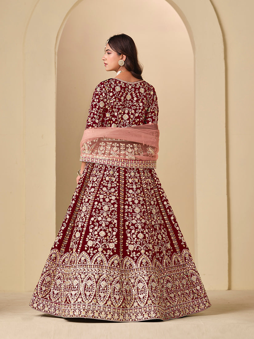 Velvet Embroidered Maroon Anarkali Suit - Monjolika Fashion