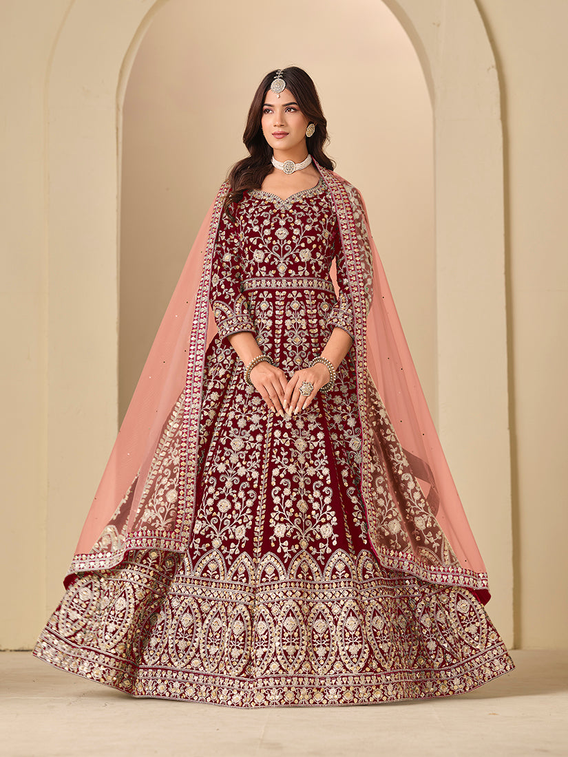 Velvet Embroidered Maroon Anarkali Suit - Monjolika Fashion
