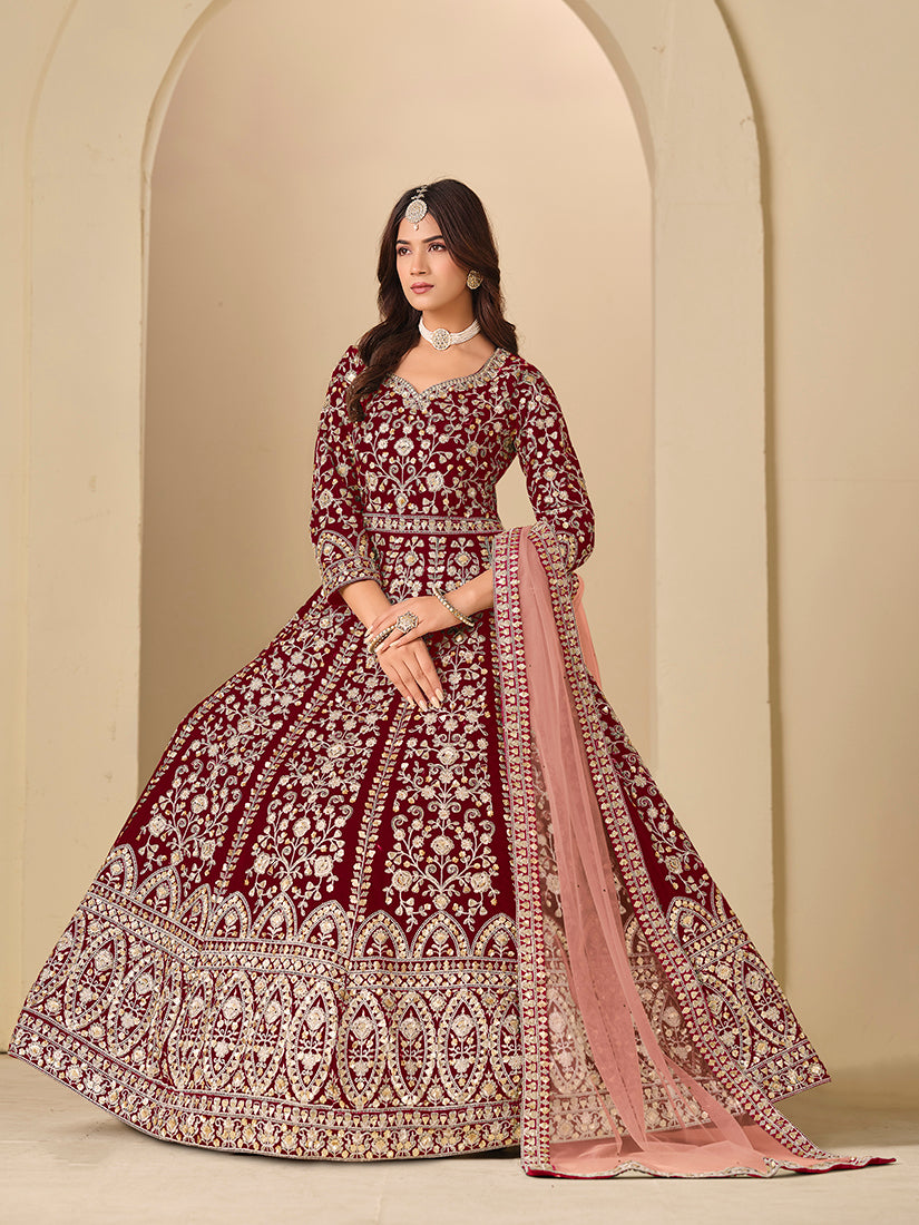 Velvet Embroidered Maroon Anarkali Suit - Monjolika Fashion