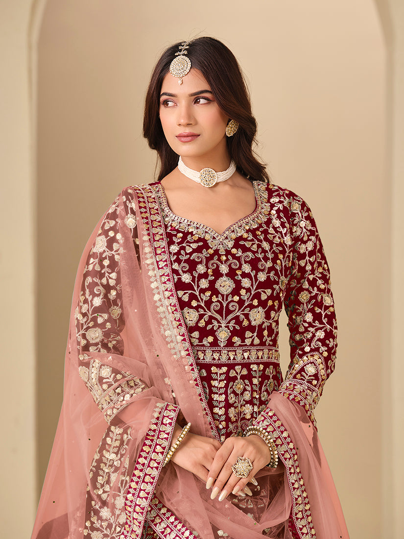 Velvet Embroidered Maroon Anarkali Suit - Monjolika Fashion