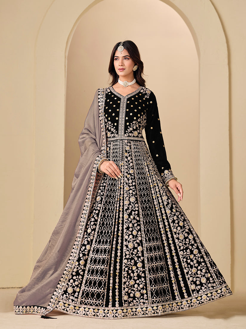 Black Velvet Embroidered Anarkali Suit - Monjolika Fashion