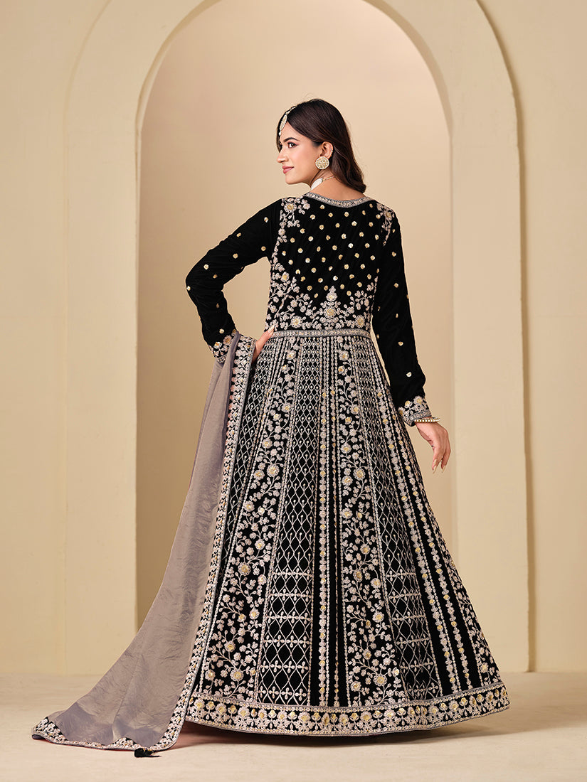 Black Velvet Embroidered Anarkali Suit - Monjolika Fashion