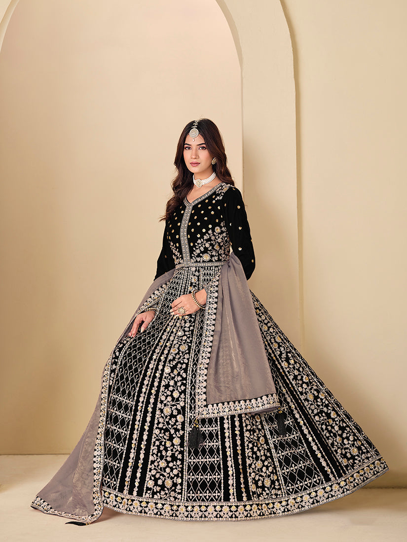 Black Velvet Embroidered Anarkali Suit - Monjolika Fashion