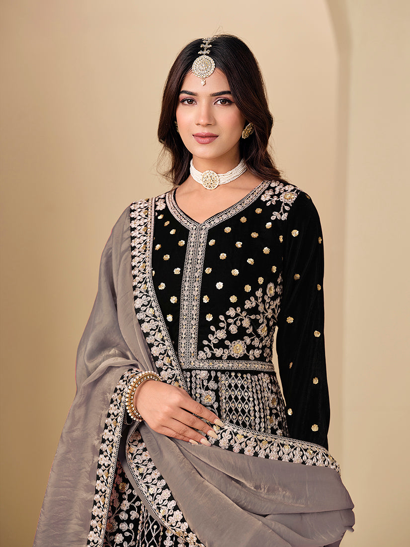Black Velvet Embroidered Anarkali Suit - Monjolika Fashion