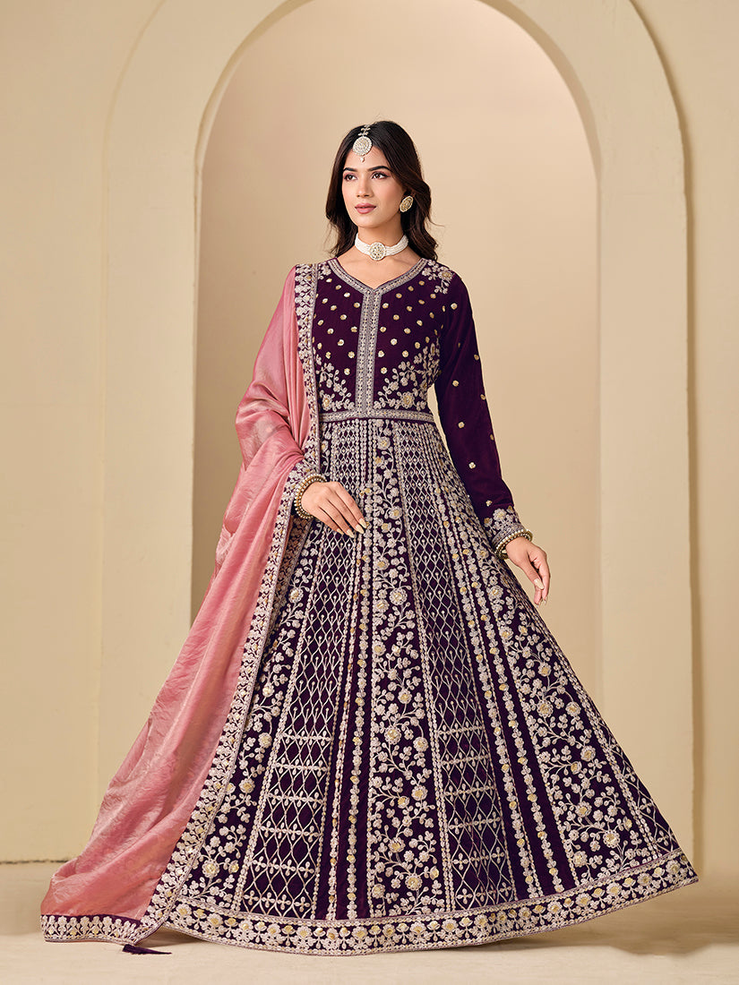 Purple Velvet Embroidered Anarkali Suit - Monjolika Fashion