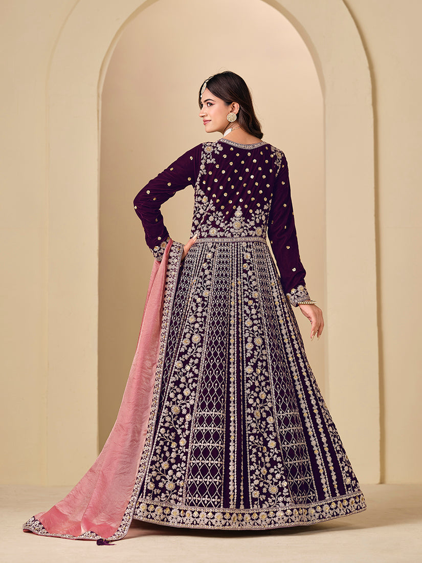 Purple Velvet Embroidered Anarkali Suit - Monjolika Fashion