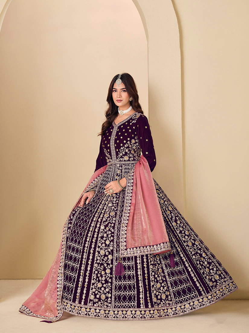 Purple Velvet Embroidered Anarkali Suit - Monjolika Fashion