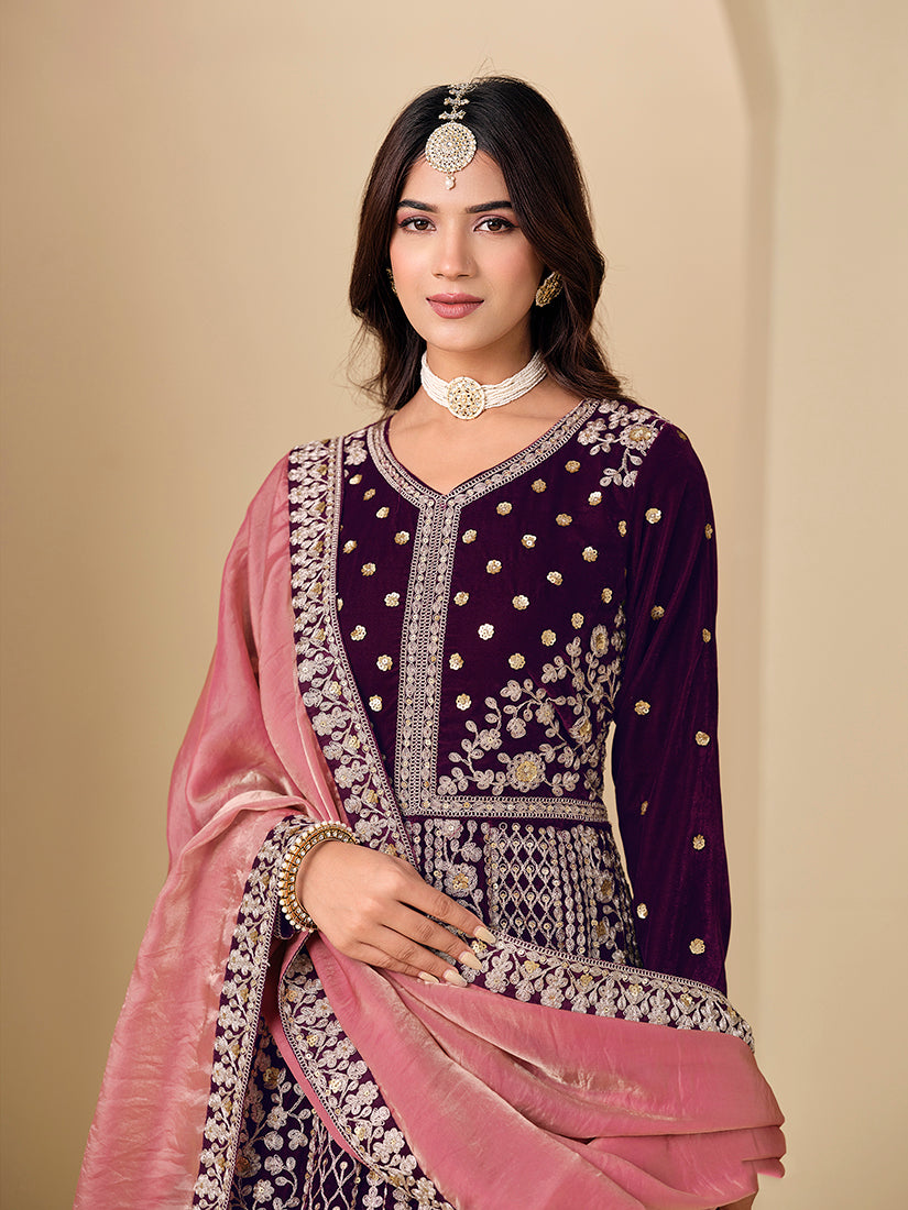 Purple Velvet Embroidered Anarkali Suit - Monjolika Fashion