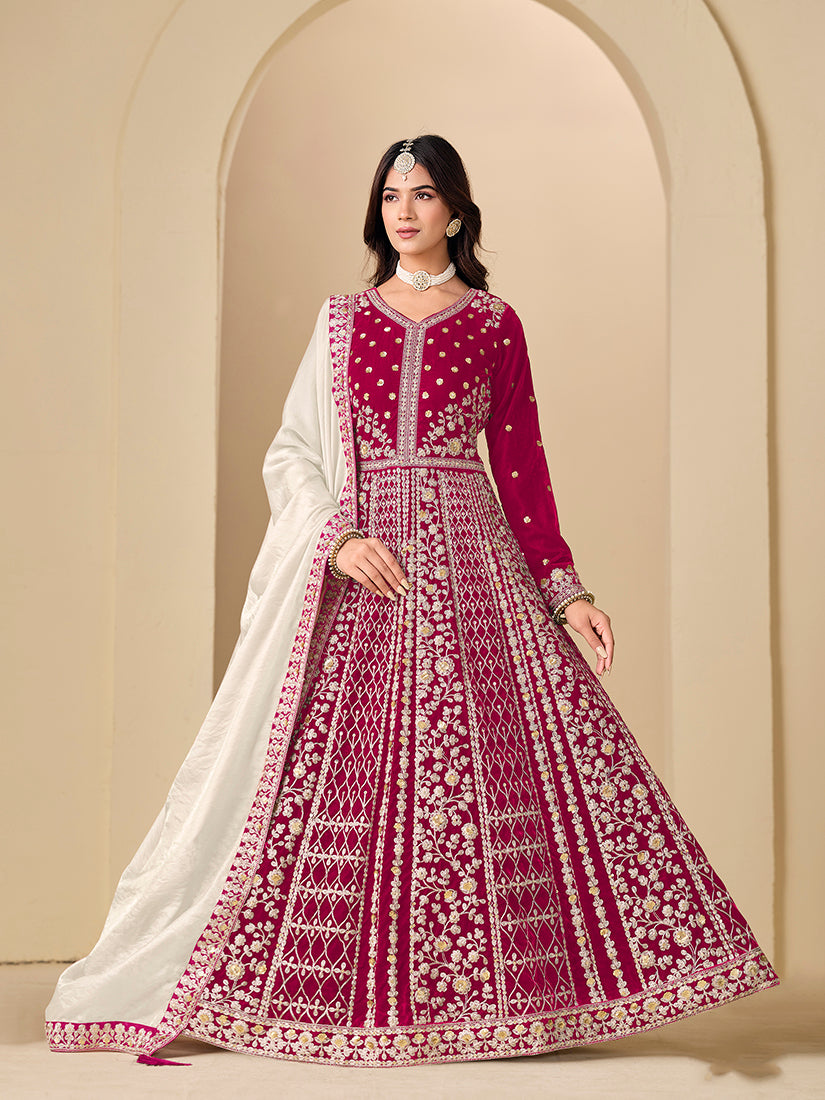 Rani Pink Velvet Embroidered Anarkali Suit - Monjolika Fashion