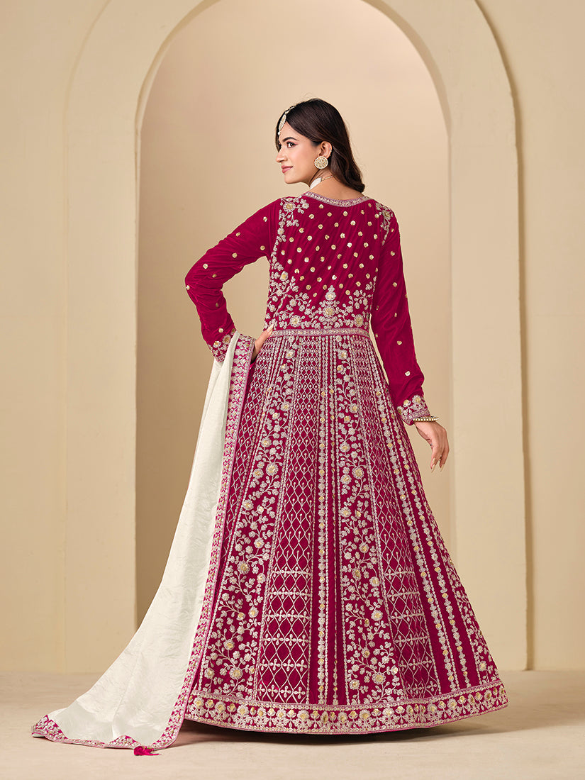 Rani Pink Velvet Embroidered Anarkali Suit - Monjolika Fashion