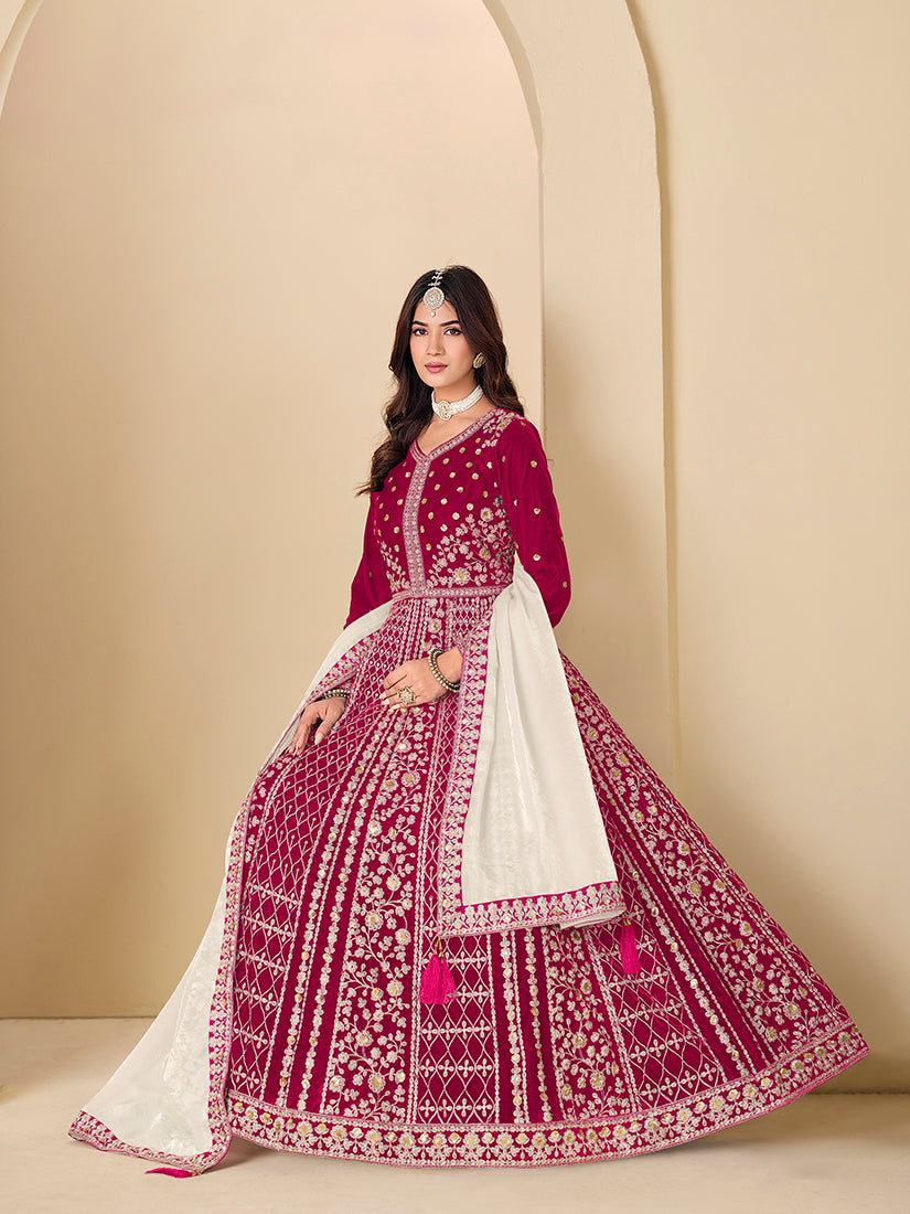 Rani Pink Velvet Embroidered Anarkali Suit - Monjolika Fashion